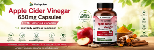Apple Cider Vinegar Benefits article banner featuring Vedapulse Apple Cider Vinegar 650mg Capsules with fresh apples, cinnamon sticks, and a natural wellness background