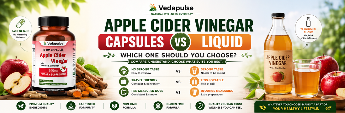 Apple Cider Vinegar Capsules vs Liquid comparison banner featuring Vedapulse Apple Cider Vinegar 650mg Capsules alongside a bottle of liquid apple cider vinegar with fresh apples, cinnamon, and turmeric in a natural wellness setting