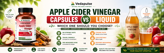 Apple Cider Vinegar Capsules vs Liquid comparison banner featuring Vedapulse Apple Cider Vinegar 650mg Capsules alongside a bottle of liquid apple cider vinegar with fresh apples, cinnamon, and turmeric in a natural wellness setting