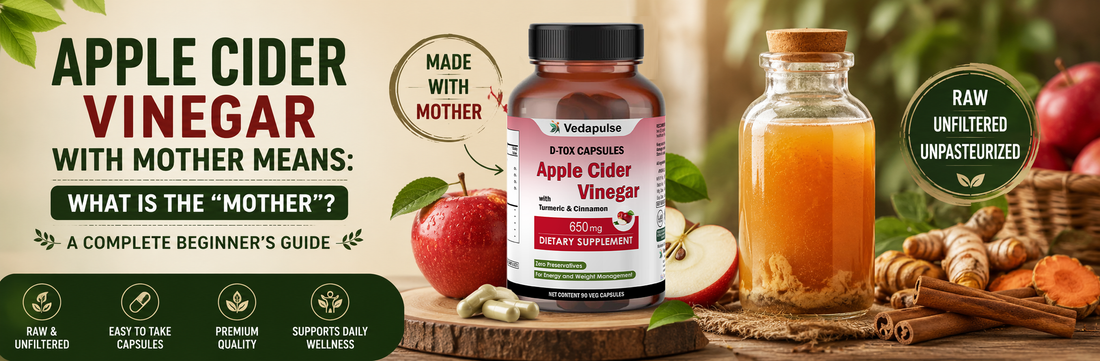 Apple Cider Vinegar With Mother Means banner featuring Vedapulse Apple Cider Vinegar Capsules, raw unfiltered apple cider vinegar in a glass bottle, fresh apples, cinnamon sticks, turmeric, and a natural wellness background.