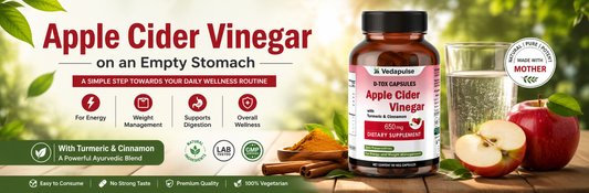 Apple Cider Vinegar on an Empty Stomach blog banner featuring Vedapulse Apple Cider Vinegar Capsules with a healthy breakfast setting, a glass of water, apples, natural leaves, and a clean wellness theme.