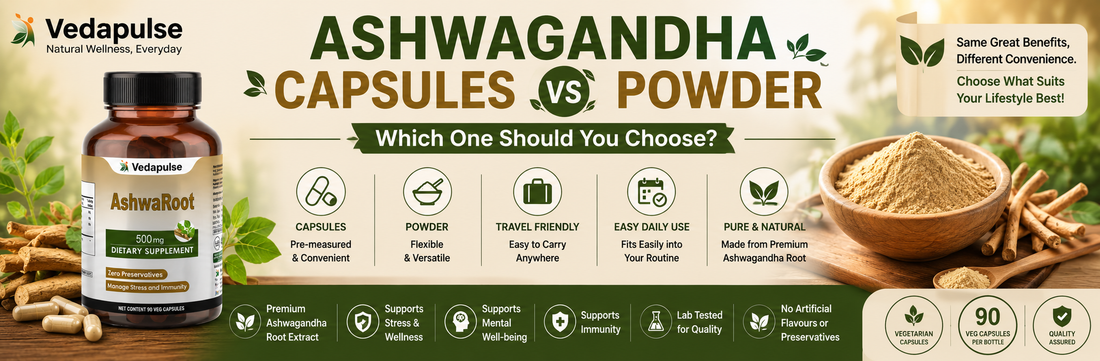 Ashwagandha Capsules vs Powder comparison banner featuring Vedapulse Ashwaroot 500mg Capsules with Ashwagandha root and powder in a natural wellness setting