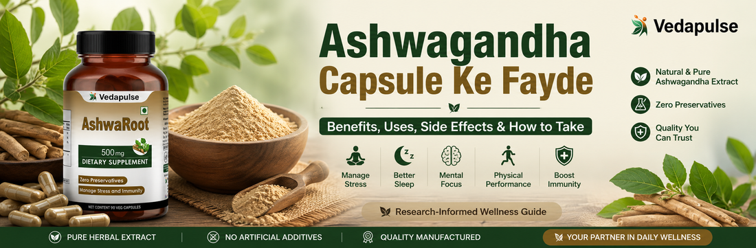 Ashwagandha Capsule Ke Fayde guide banner showing Ashwagandha capsules, herbal roots, and wellness information.