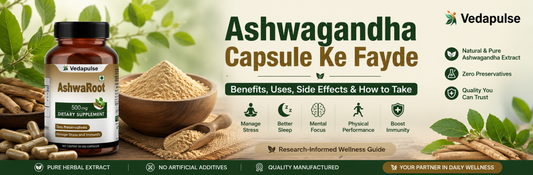 Ashwagandha Capsule Ke Fayde guide banner showing Ashwagandha capsules, herbal roots, and wellness information.