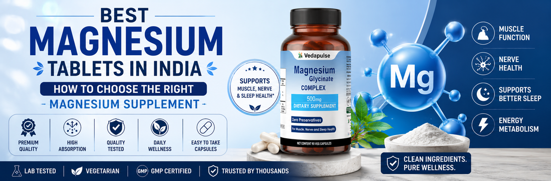 Best Magnesium Tablets in India banner featuring Vedapulse Magnesium Glycinate Capsules with different magnesium forms, a clean blue wellness theme, and premium supplement design.
