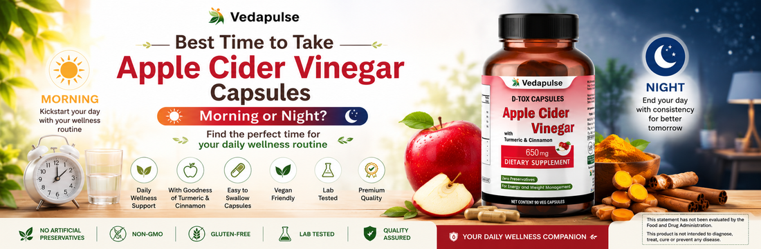 Best Time to Take Apple Cider Vinegar Capsules banner featuring Vedapulse Apple Cider Vinegar 650mg Capsules with apples, turmeric, cinnamon, and a morning-to-evening wellness theme