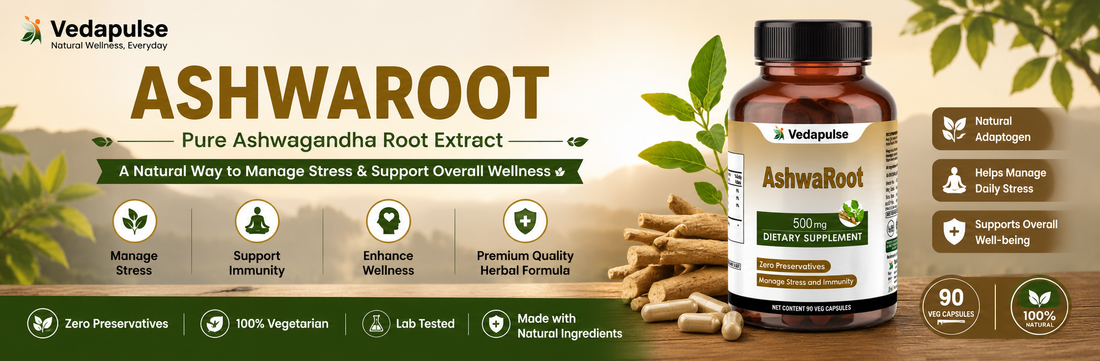 Best Time to Take Ashwagandha article banner featuring Vedapulse Ashwaroot 500mg Capsules with a morning and night wellness theme