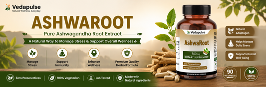 Best Time to Take Ashwagandha article banner featuring Vedapulse Ashwaroot 500mg Capsules with a morning and night wellness theme