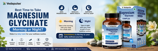 Best Time to Take Magnesium Glycinate banner featuring Vedapulse Magnesium Glycinate Capsules with a morning and evening wellness theme, magnesium-rich ingredients, and a clean natural background