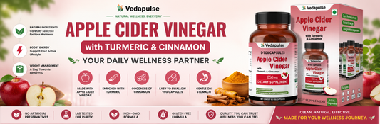 How to Take Apple Cider Vinegar Capsules banner featuring Vedapulse Apple Cider Vinegar 650mg Capsules with fresh apples, turmeric, cinnamon, a glass of water, and a clean wellness-themed background