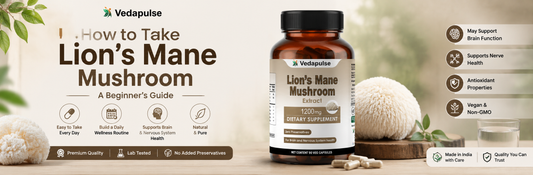 How to Take Lion's Mane Mushroom banner featuring Vedapulse Lion's Mane Mushroom Capsules with a clean natural wellness theme, mushroom illustrations, a glass of water, and a healthy lifestyle background
