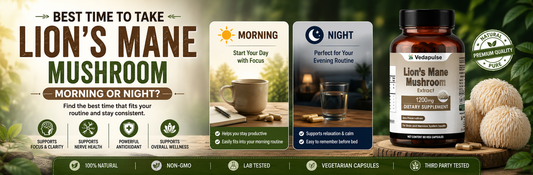 Lion's Mane Mushroom Capsules showing the best time to take Lion's Mane in a daily wellness routine