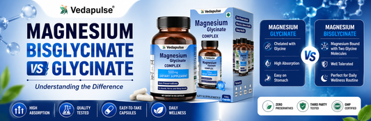 Magnesium Bisglycinate vs Glycinate comparison banner featuring Vedapulse Magnesium Glycinate Capsules, comparison table elements, magnesium molecular graphics, and a clean blue wellness background.
