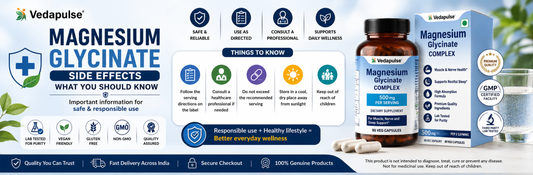 Magnesium Glycinate Side Effects banner featuring Vedapulse Magnesium Glycinate Capsules with a clean blue wellness theme, product bottle, safety icons, and an educational layout about responsible supplement use