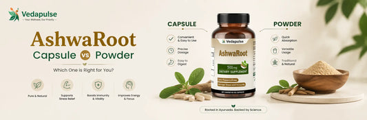 Ashwagandha capsule vs powder comparison showing Vedapulse AshwaRoot capsules and ashwagandha powder