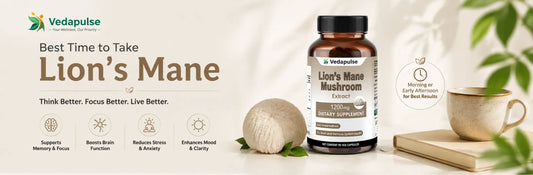 Best time to take Lion’s Mane showing Vedapulse Lion’s Mane mushroom extract capsules with a cup of tea