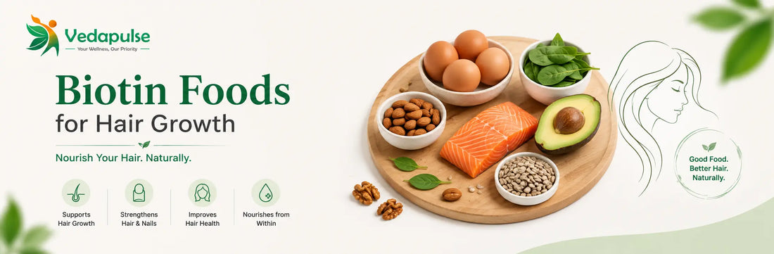 Biotin-rich foods including eggs, salmon, spinach, avocado, almonds, and sunflower seeds that support healthy hair growth and stronger hair naturally.