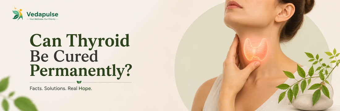 Can thyroid be cured permanently? Woman touching her neck with highlighted thyroid gland