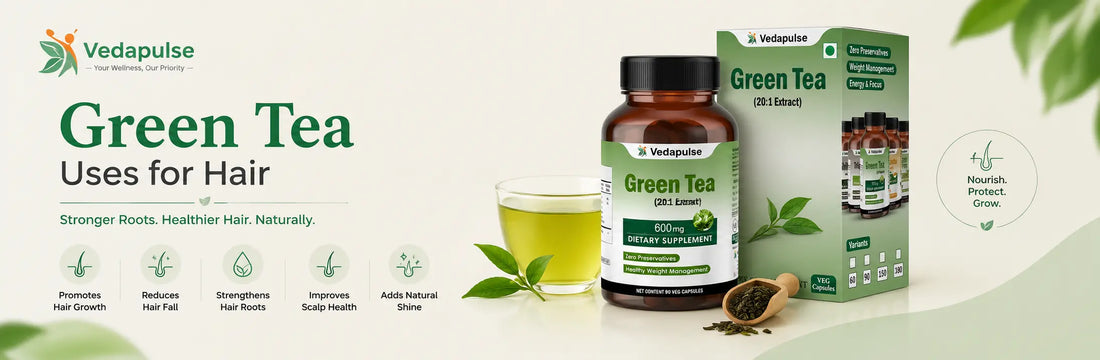 Vedapulse Green Tea uses for hair banner featuring green tea extract supplement bottle, tea cup and natural ingredients for hair growth, scalp health and stronger hair roots.