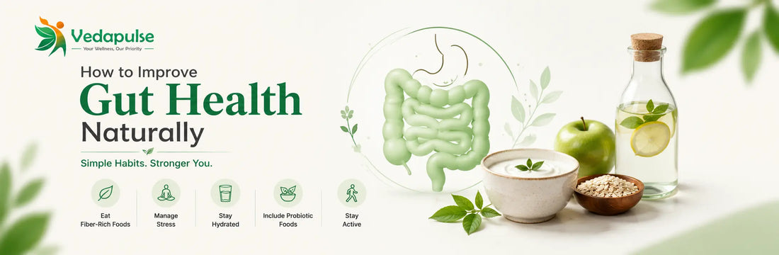 Illustration showing natural ways to improve gut health with fiber-rich foods, probiotics, hydration, stress management, and an active lifestyle for better digestive wellness by Vedapulse.