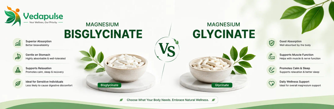 Comparison infographic explaining the differences between Magnesium Bisglycinate and Magnesium Glycinate, including absorption, muscle support, relaxation, sleep benefits, and digestive tolerance.