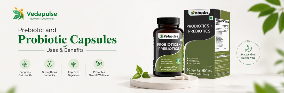 Prebiotic and probiotic capsules supplement showing benefits for gut health, improved digestion, stronger immunity, and overall wellness.