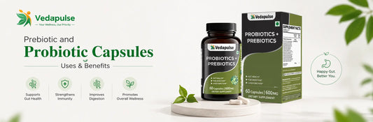 Prebiotic and probiotic capsules supplement showing benefits for gut health, improved digestion, stronger immunity, and overall wellness.