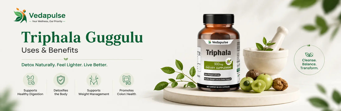 Triphala Guggulu supplement bottle with Ayurvedic ingredients highlighting digestive health, detoxification, weight management, and colon health benefits.