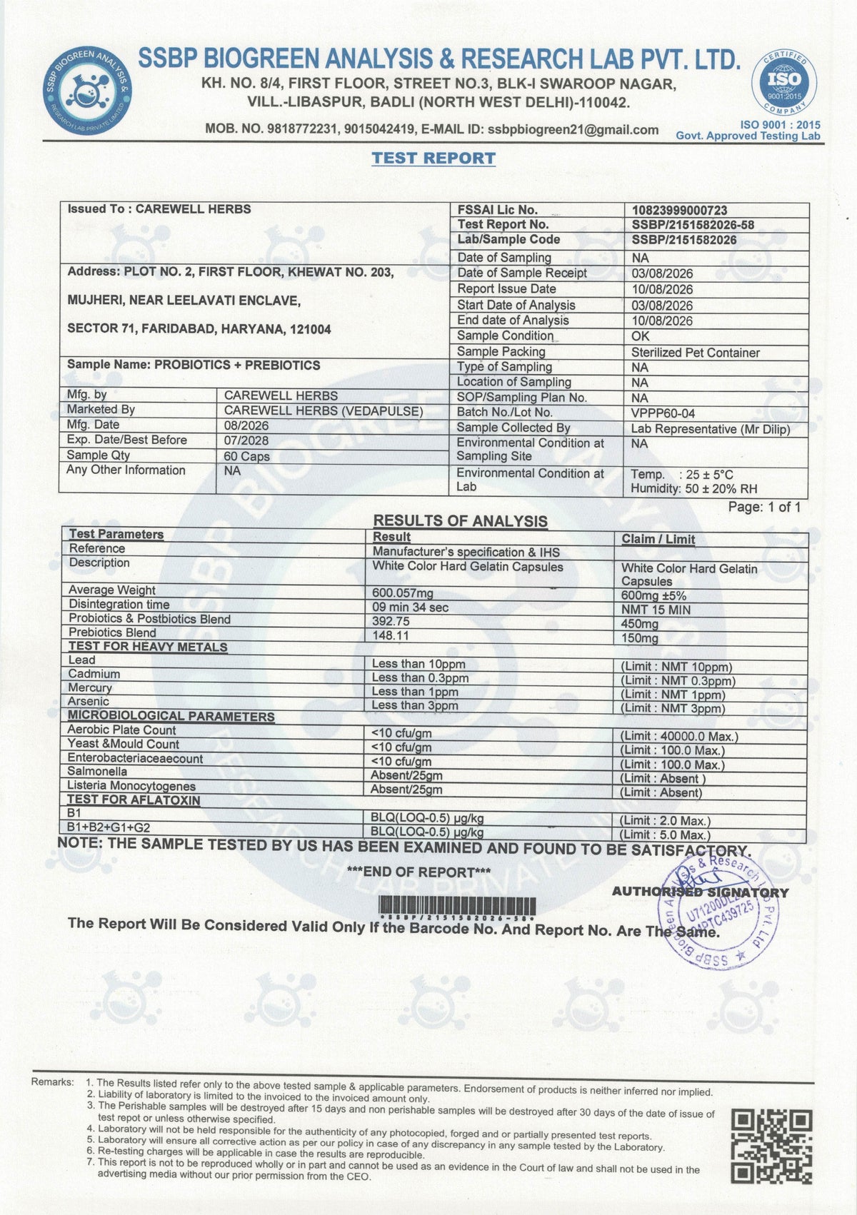 CarewellHerbsProbiotics_PrebioticsLabTestedReport