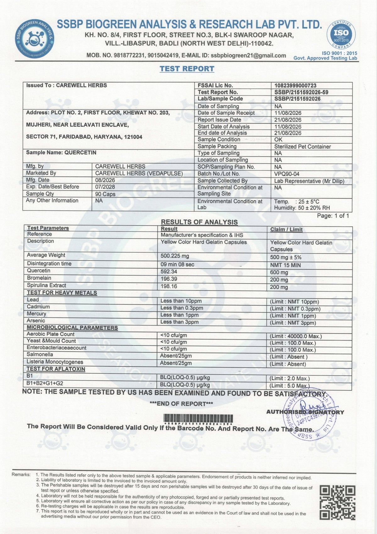 CarewellHerbsQuercetinLabTestedReport