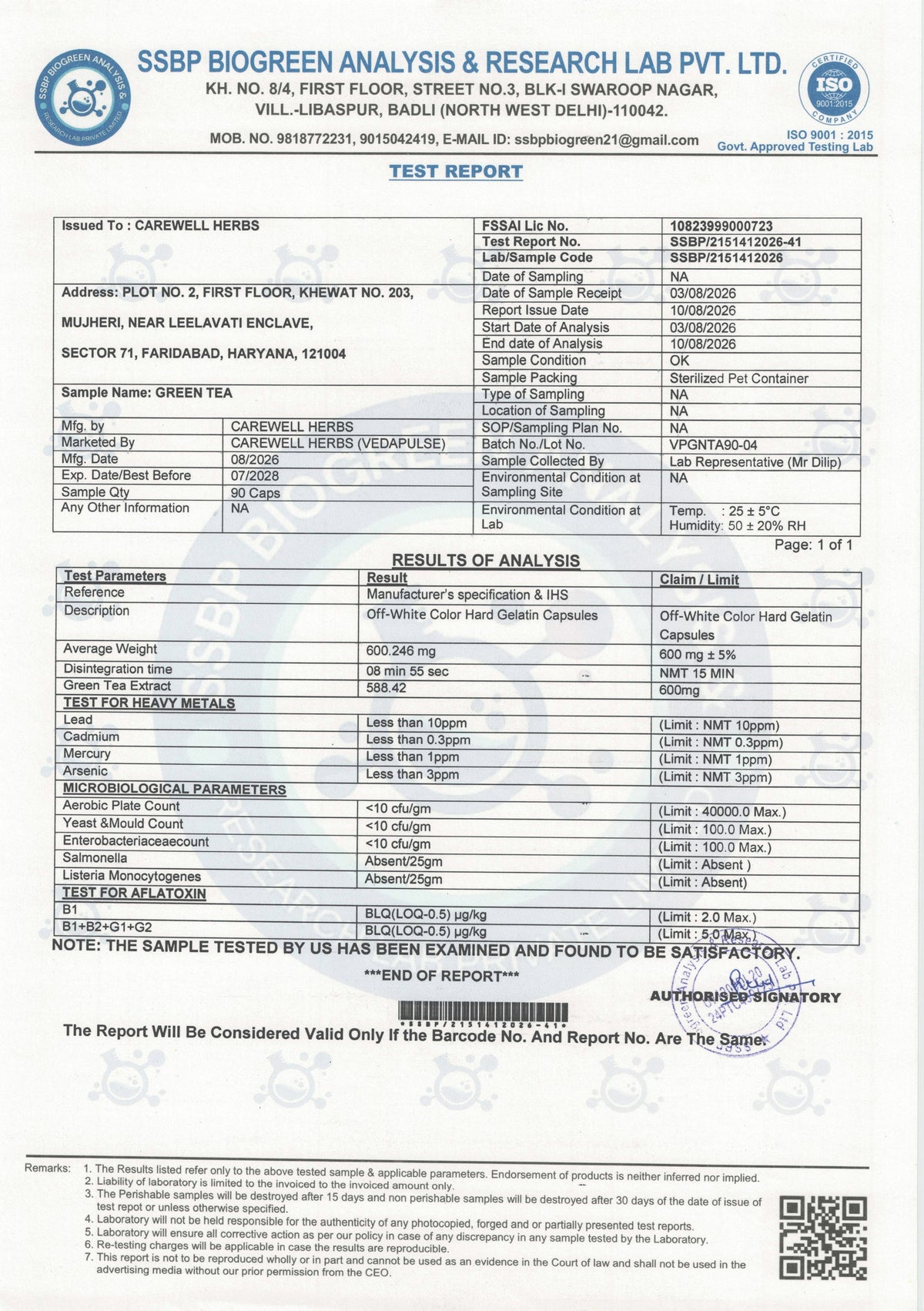 Carewell_Herbs_Green_Tea_Capsule_Lab_Tested_Report