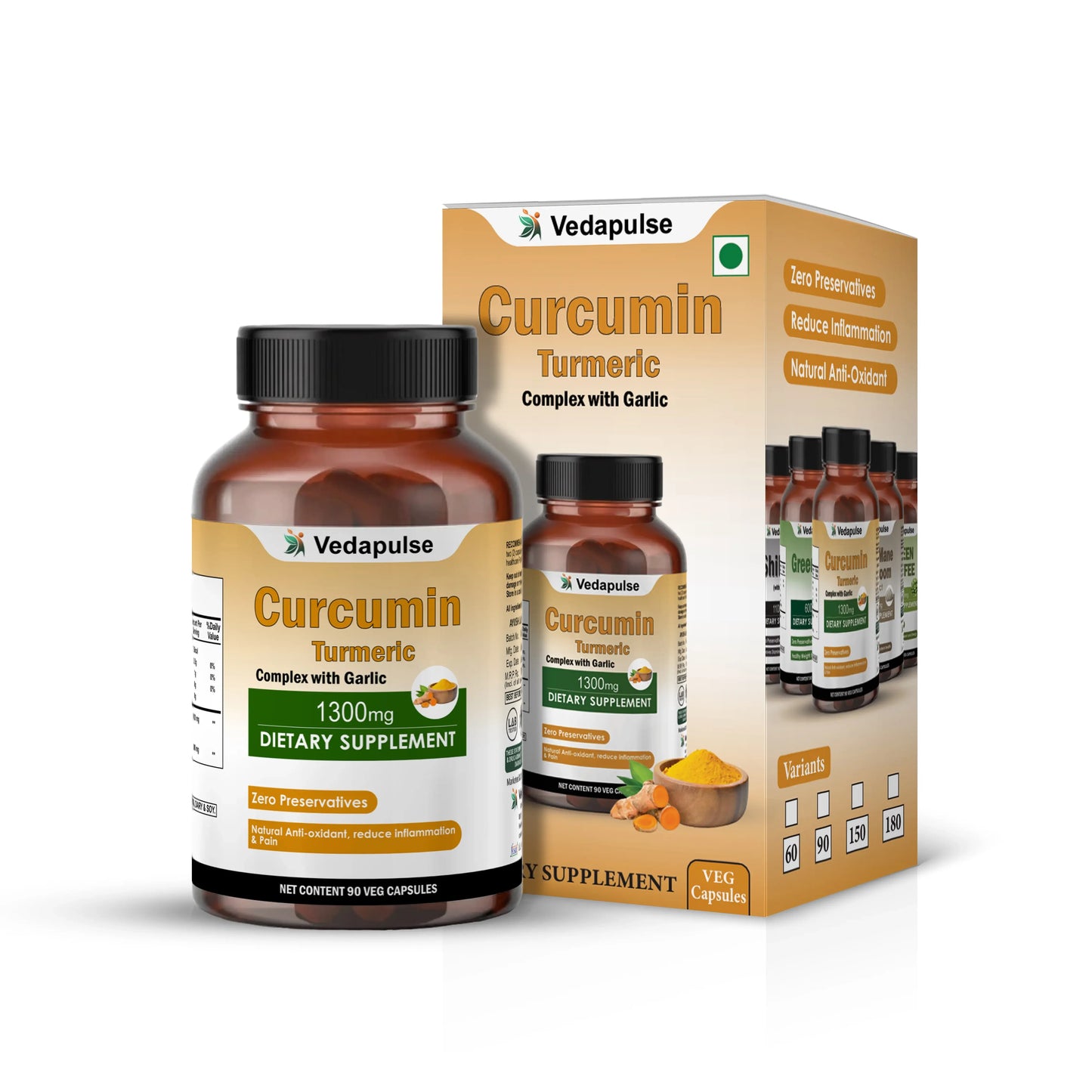 Curcumin 1300 mg Herbal Capsules by Vedapulse - Vedapulse
