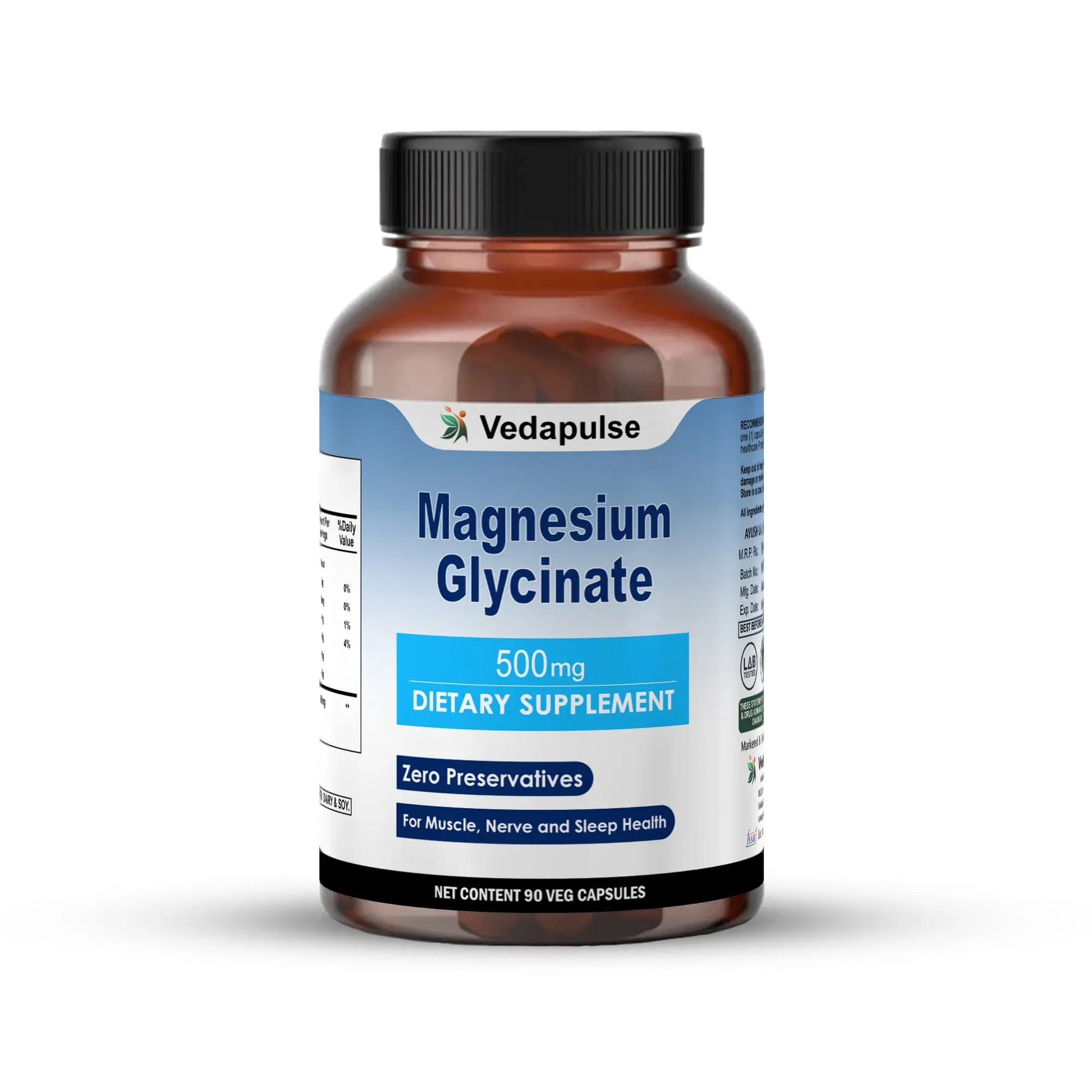 Magnesium Glycinate 500mg Capsules - Nerve Health, Muscle Recovery, Heart Function - Vedapulse