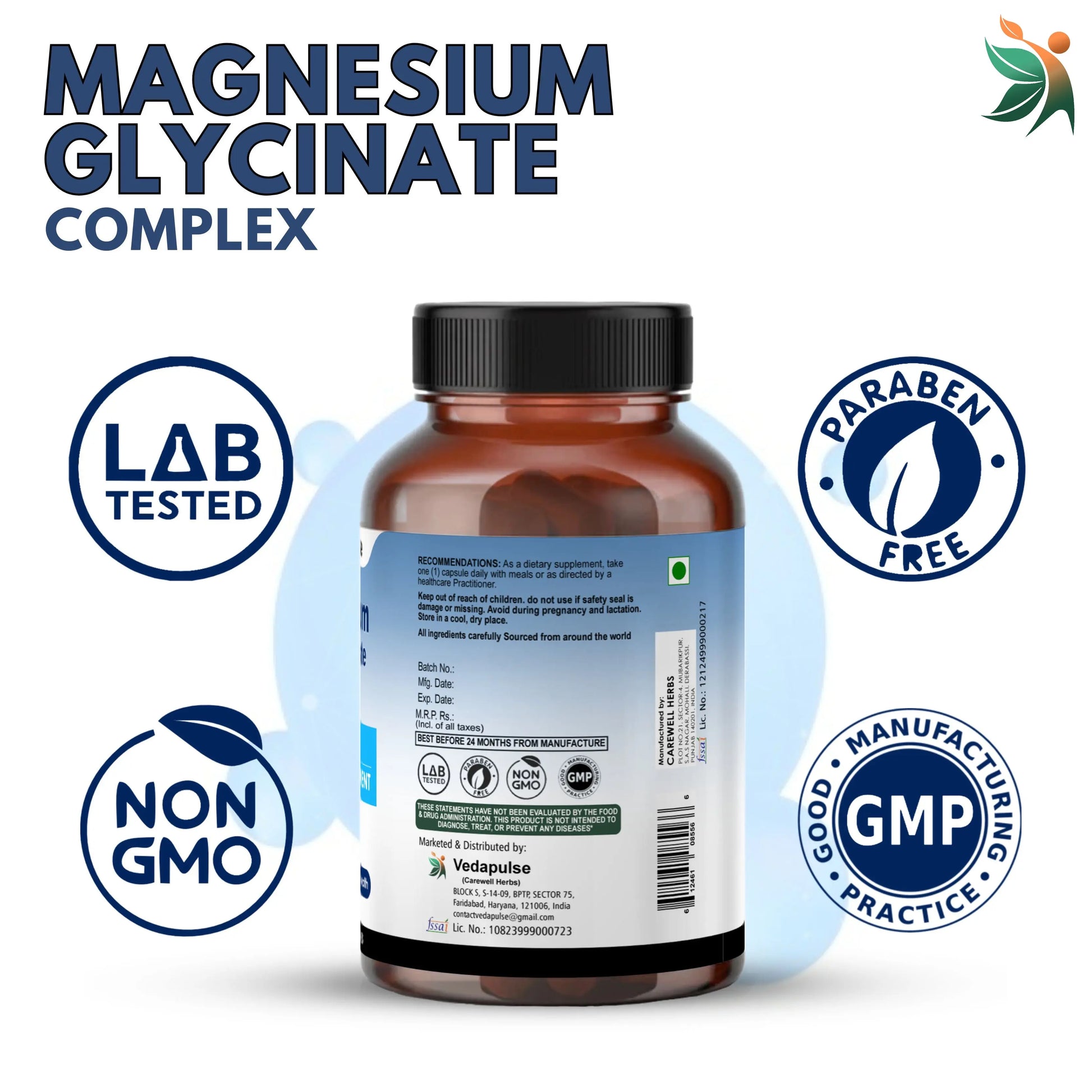Magnesium Glycinate 500mg Capsules - Nerve Health, Muscle Recovery, Heart Function - Vedapulse