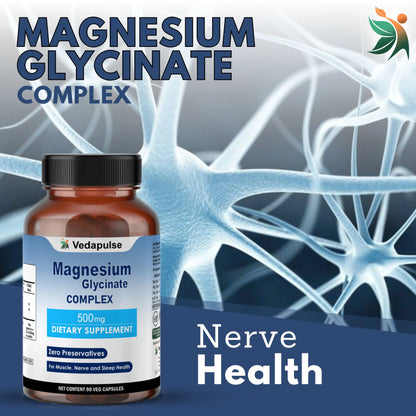 Magnesium Glycinate 500mg Capsules - Nerve Health, Muscle Recovery, Heart Function - Vedapulse