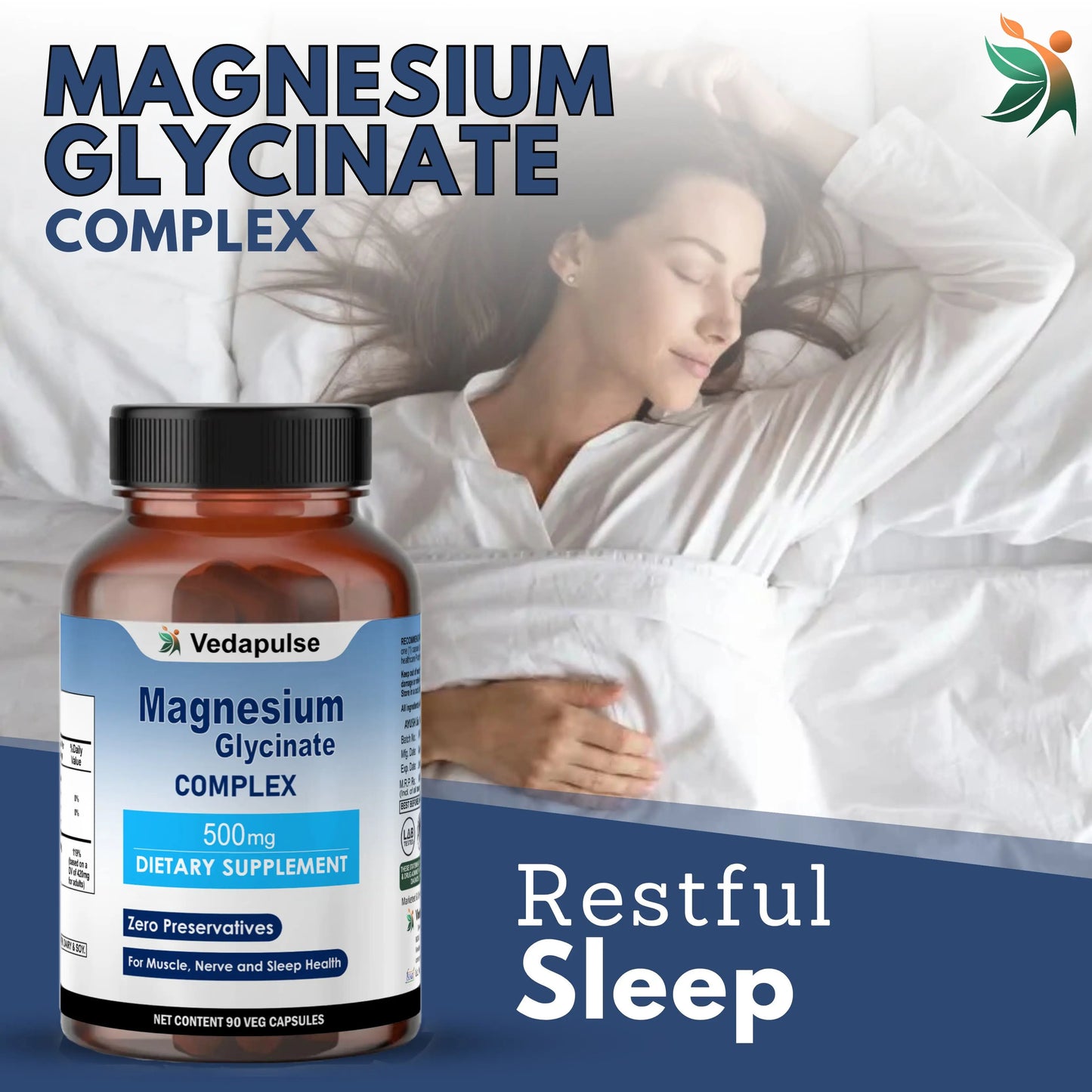 Magnesium Glycinate 500mg Capsules - Nerve Health, Muscle Recovery, Heart Function - Vedapulse
