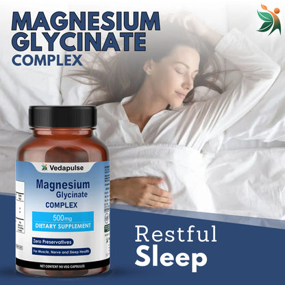 Magnesium Glycinate 500mg Capsules - Nerve Health, Muscle Recovery, Heart Function - Vedapulse