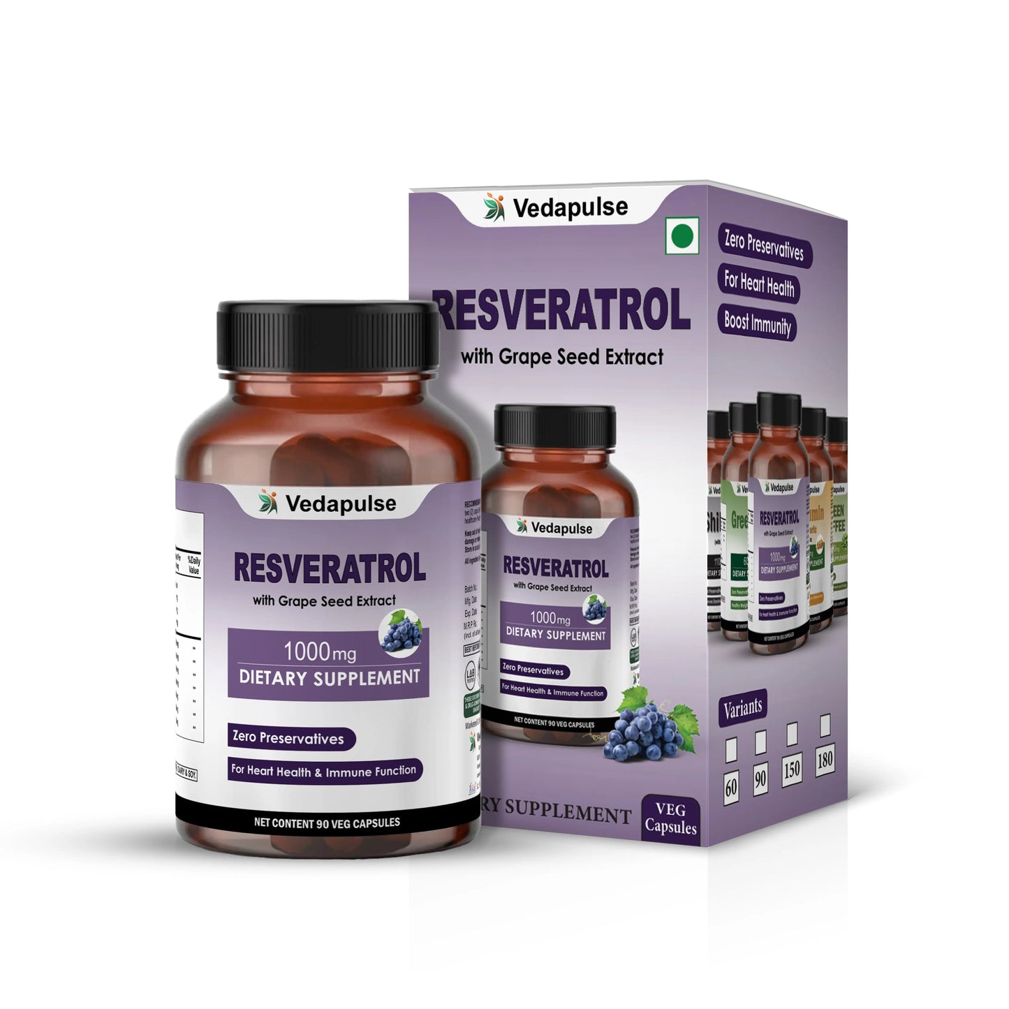 Resveratrol with Grape Seed Extract Capsules | 1000mg | Vedapulse - Vedapulse
