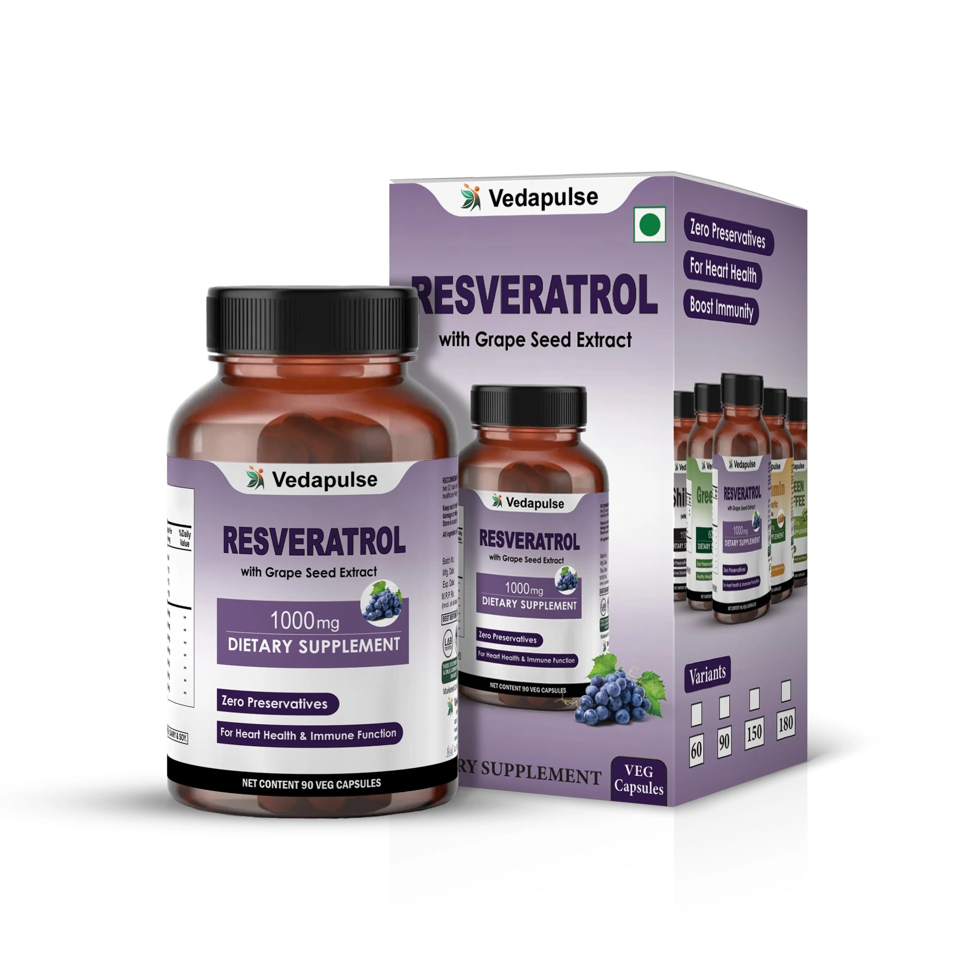 Resveratrol with Grape Seed Extract Capsules | 1000mg | Vedapulse - Vedapulse