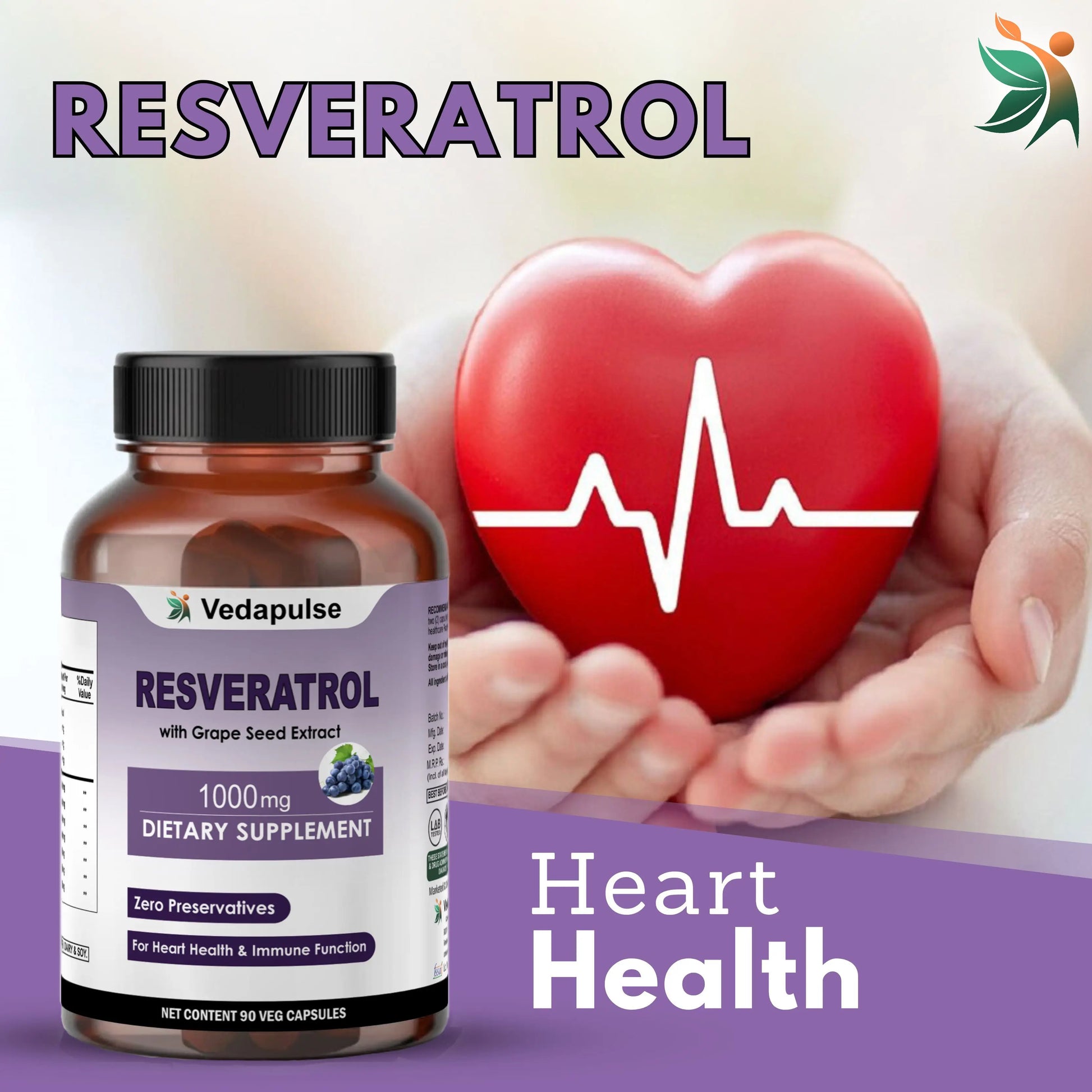 Resveratrol with Grape Seed Extract Capsules | 1000mg | Vedapulse - Vedapulse