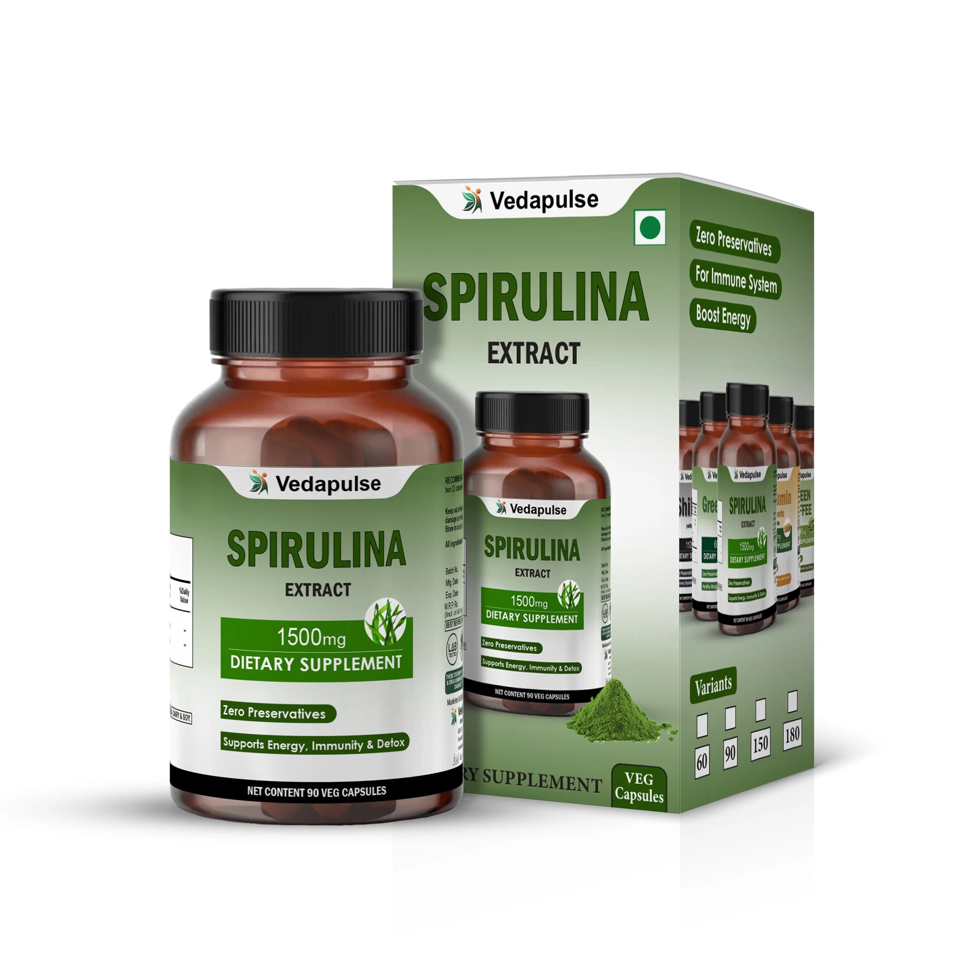 Spirulina Extract Capsules -Energy, Immunity | 90 Count | Vedapulse - Vedapulse