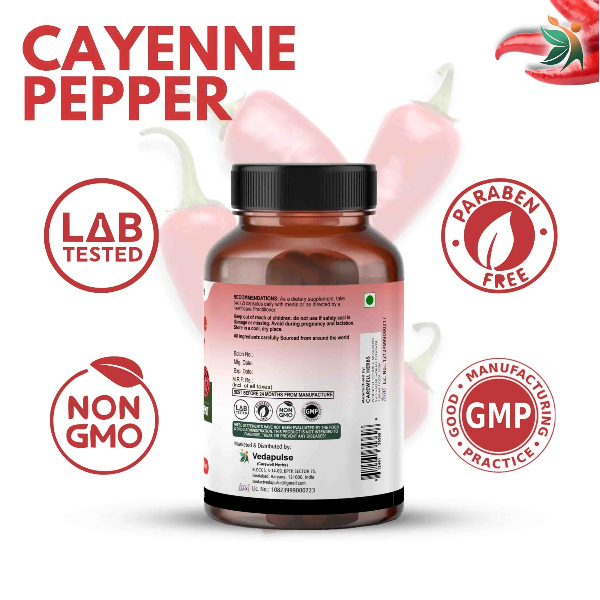 Vedapulse Cayenne Pepper Capsules lab Tesed_Paraben free_Non gmo_gmp_certifed