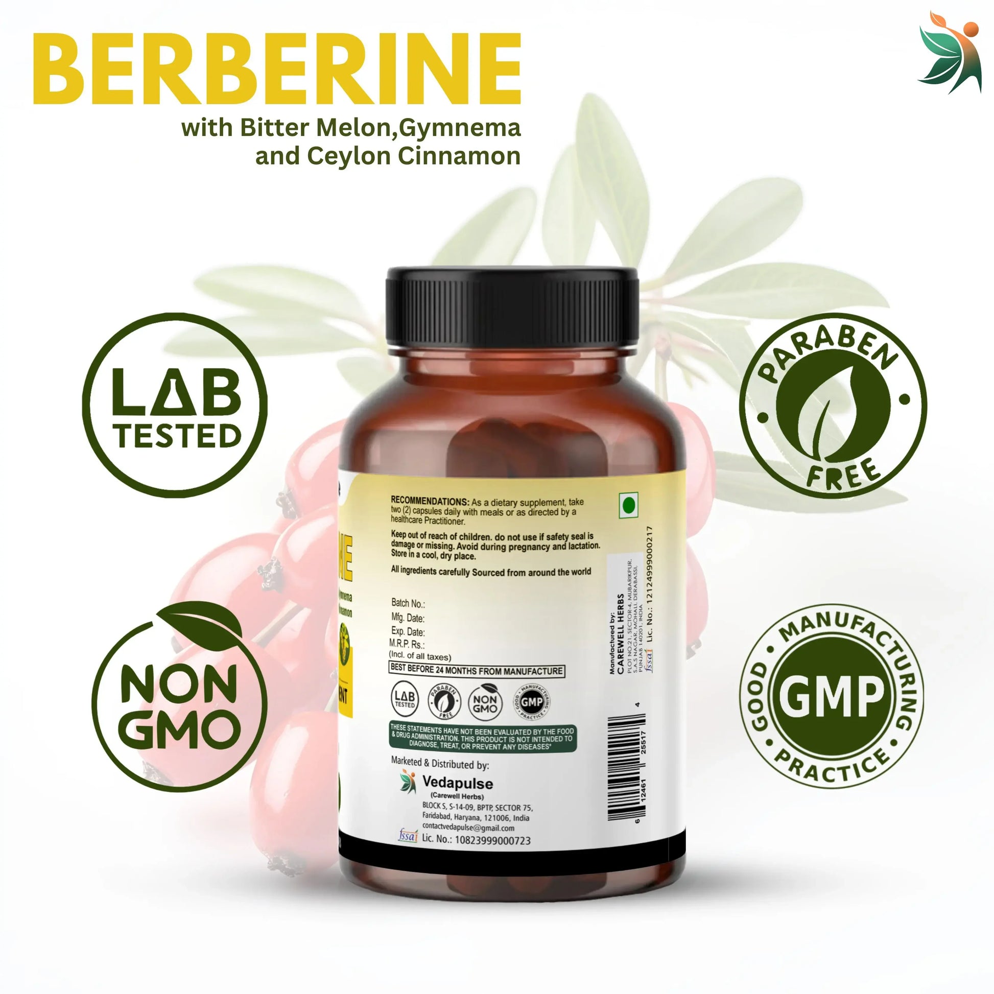 Berberine 1000mg Herbal Capsules – Blood Sugar & Heart Support Supplement - Vedapulse