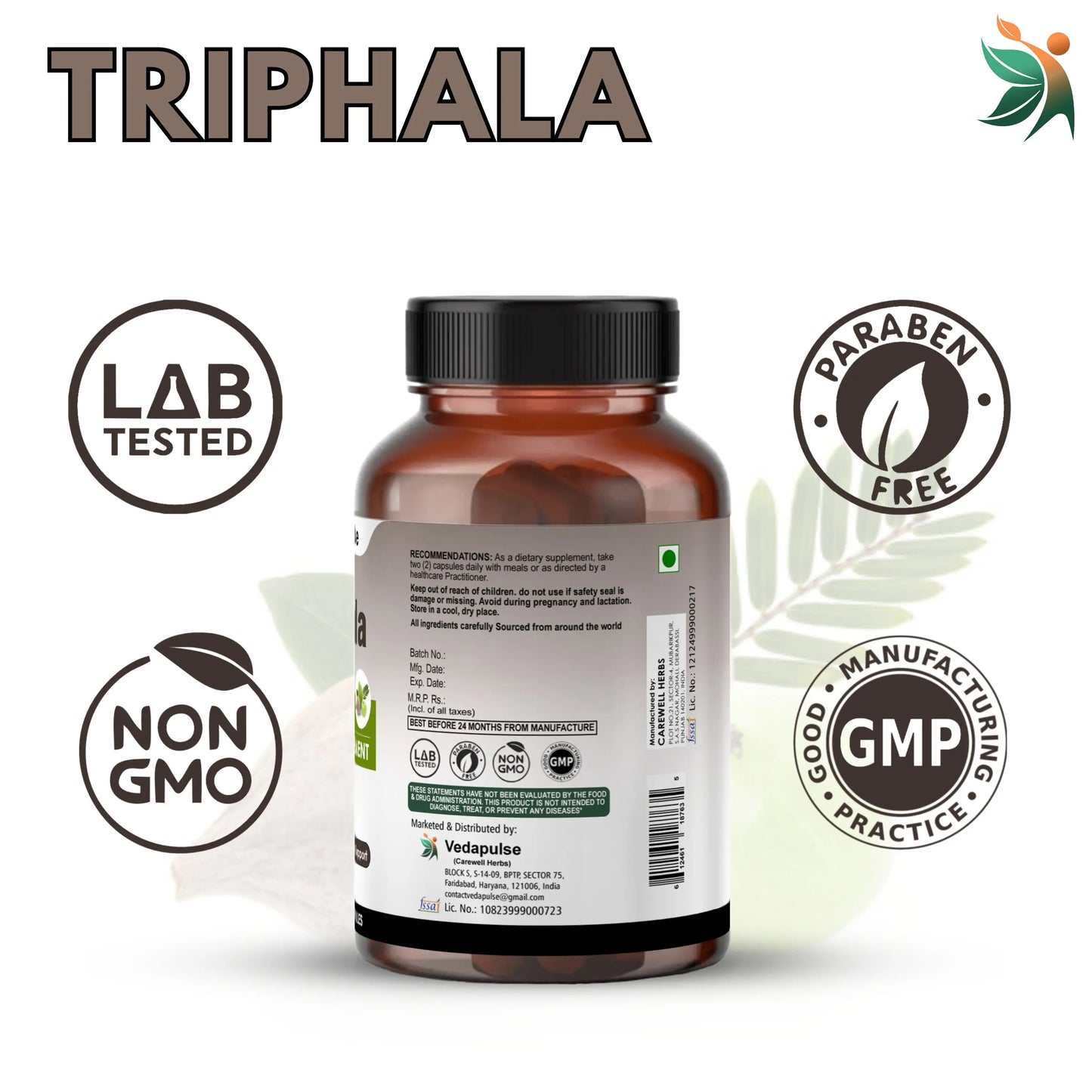 Triphala 750 mg Herbal Capsules | Vedapulse - Vedapulse