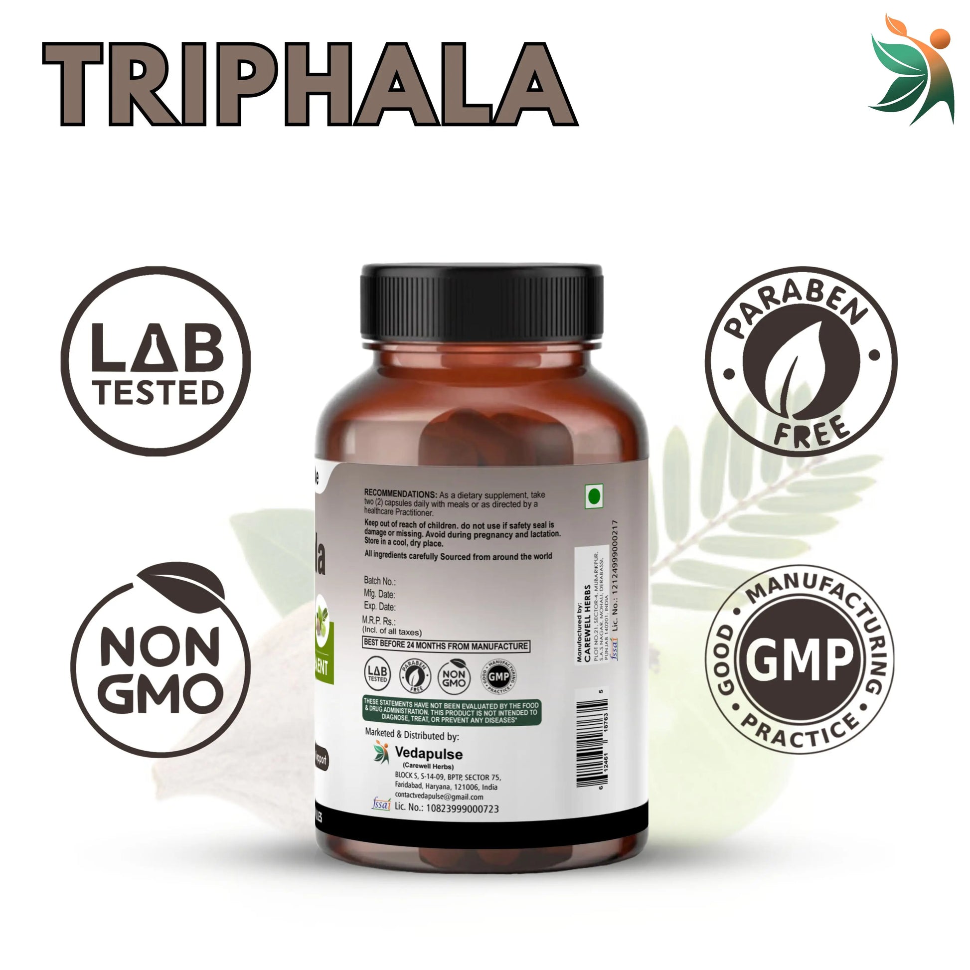 Triphala 750 mg Herbal Capsules | Vedapulse - Vedapulse
