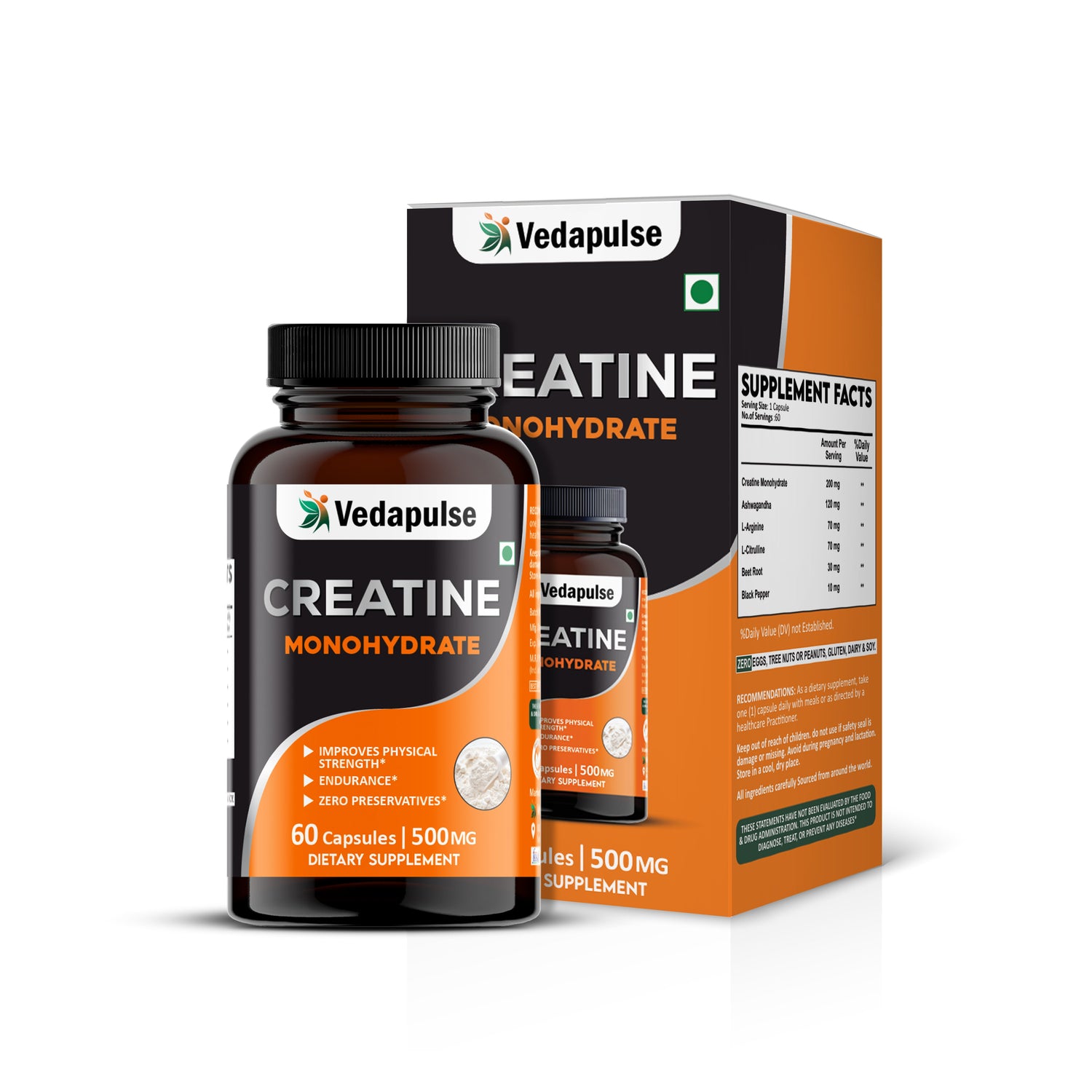 Vedapulse Creatine Monohydrate Capsules – Strength, Endurance, Performance Support 60 Caps Pack Vedapulse