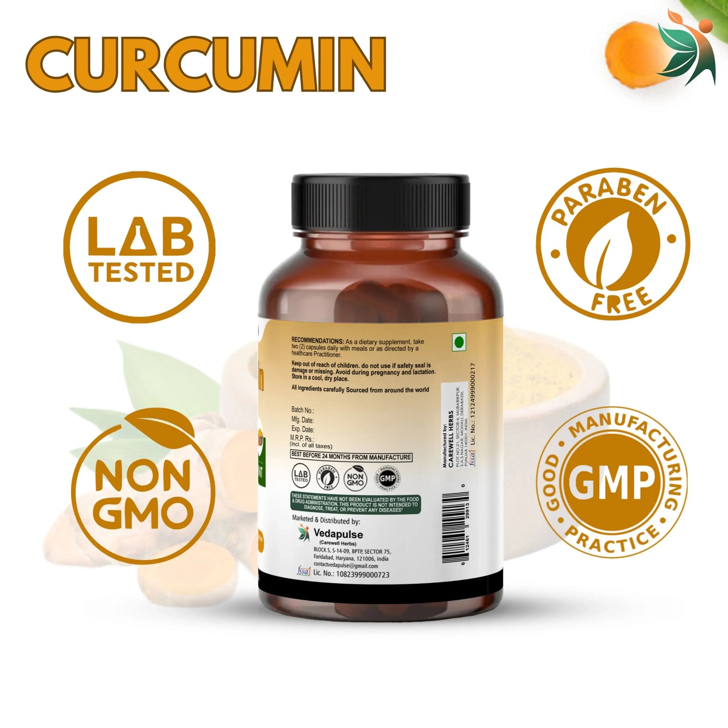 Curcumin 1300 mg Herbal Capsules by Vedapulse - Vedapulse