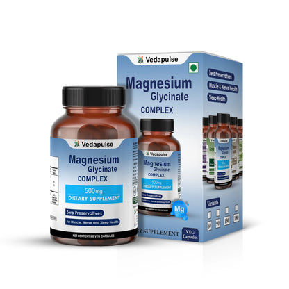 Magnesium Glycinate 500mg Capsules - Nerve Health, Muscle Recovery, Heart Function - Vedapulse