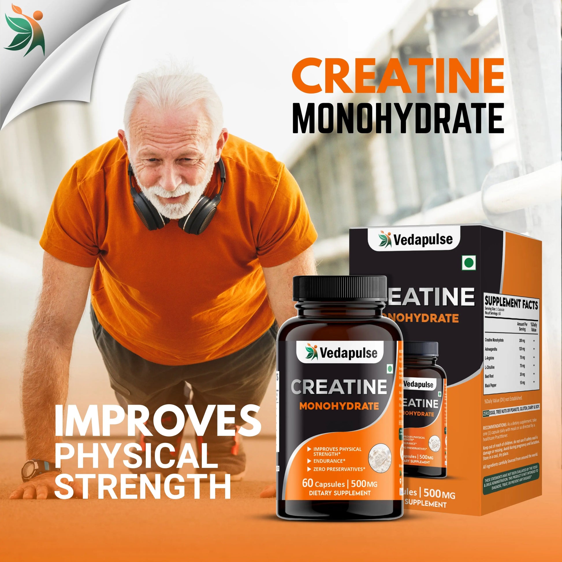 Vedapulse Creatine Monohydrate Capsules – Strength, Endurance, Performance Support 60 Caps Pack - Vedapulse