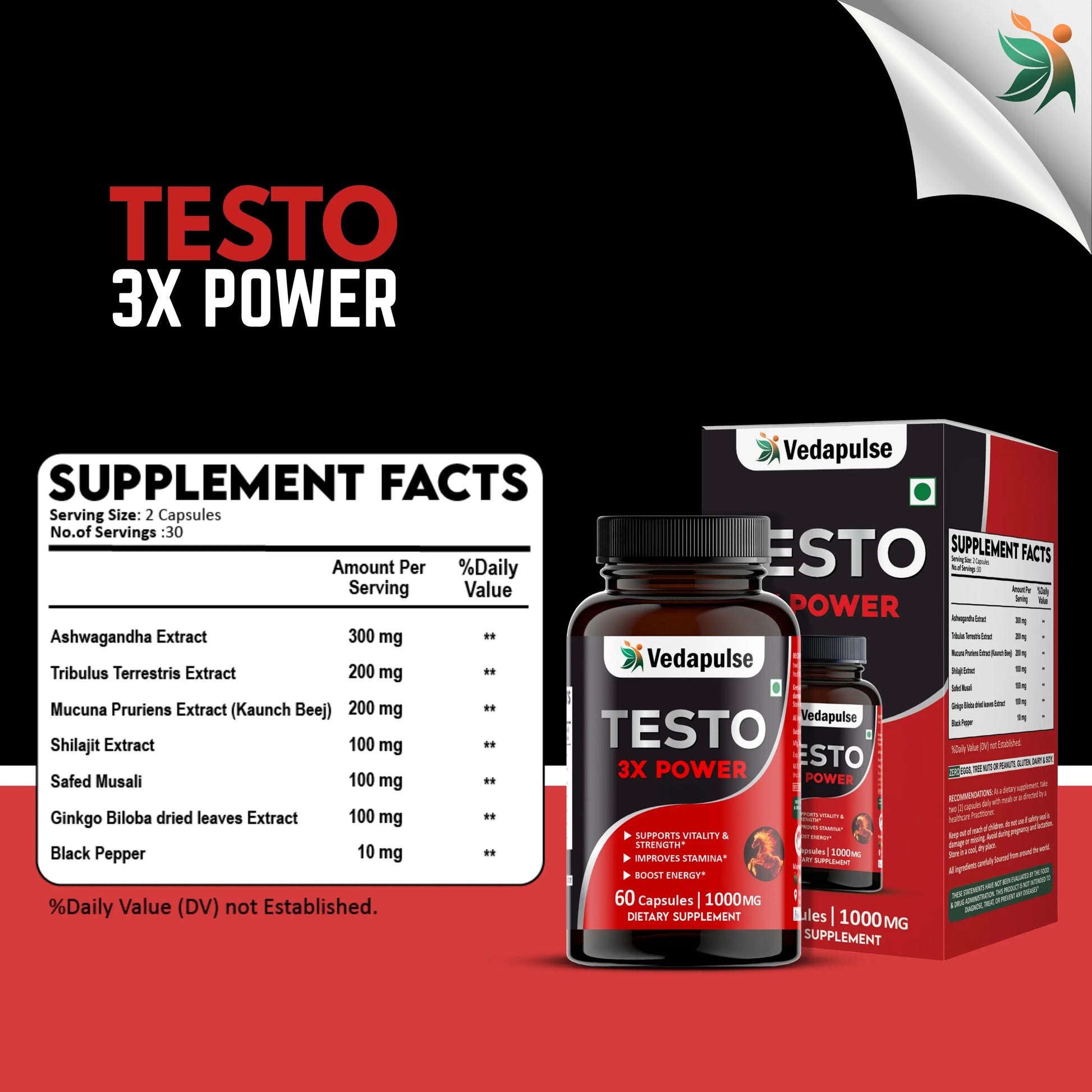 Testo 3X Power Capsules – Vitality, Strength & Stamina Support by Vedapulse - Vedapulse